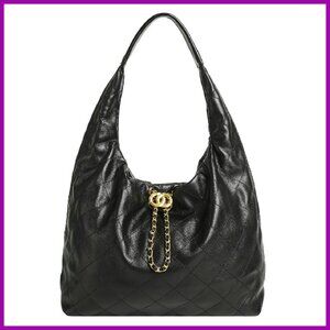 Quilted Leather Tote Handbag, Slouchy Shoulder Bag with Chain Drawstring